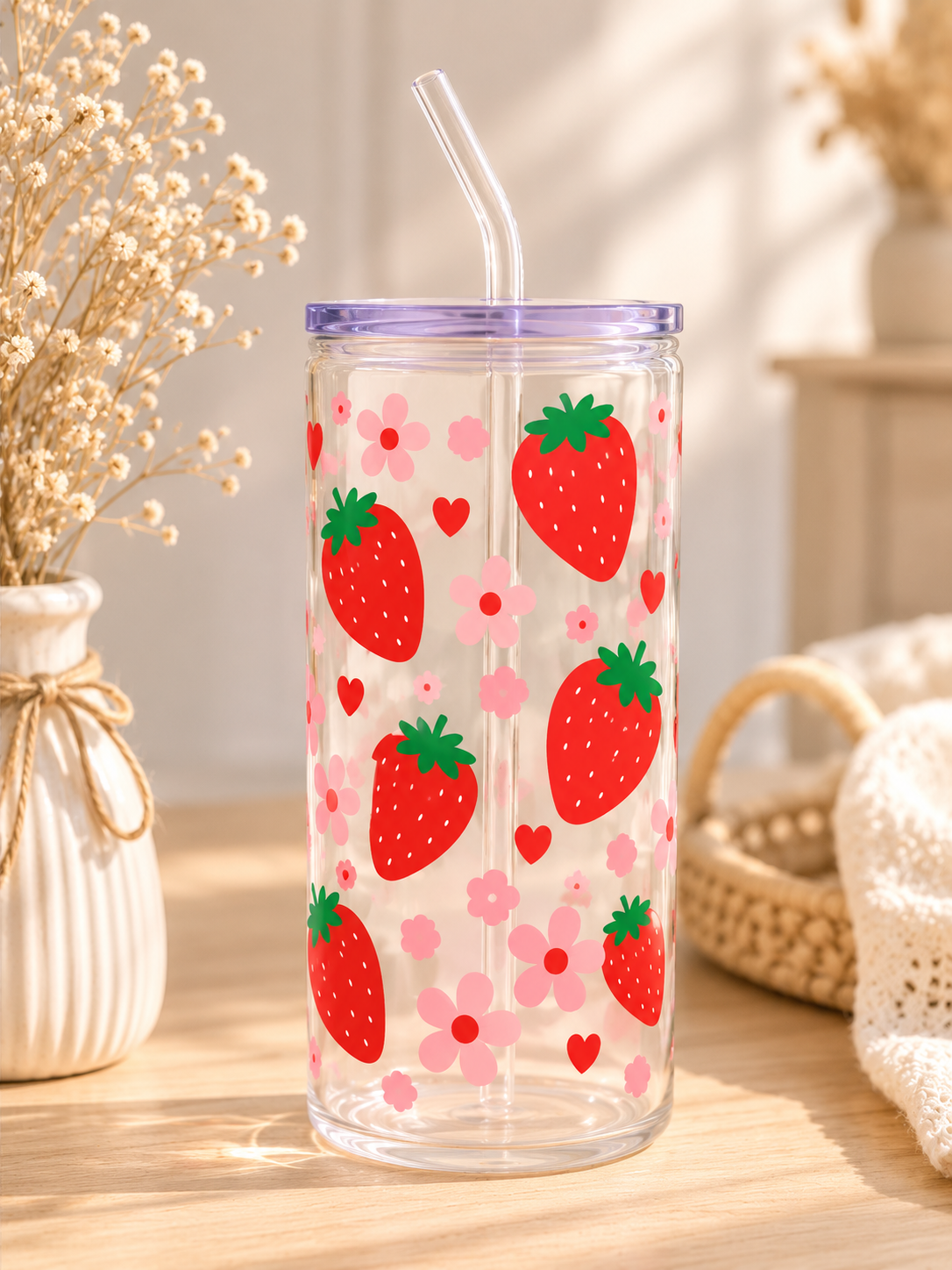 Kunststoffbecher Erdbeerblüte 500 ml | Becher mit Deckel & Strohhalm | Erdbeermotiv | SommerVibes