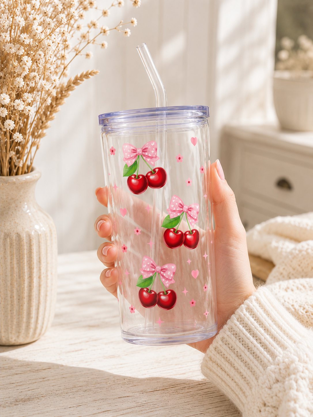 Kunststoffbecher Kirschtraum 500 ml | Deckel & Strohhalm | SommerVibes
