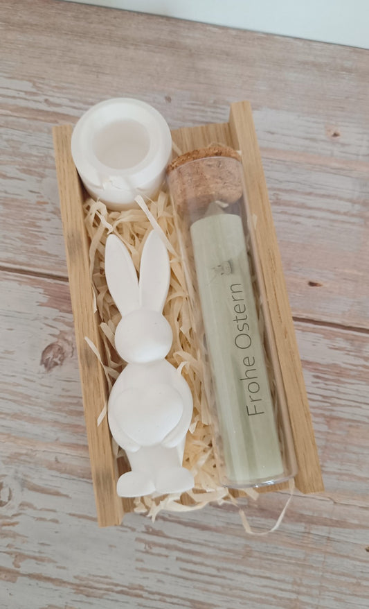 Geschenkset Osterhase mit Kerze und Kerzenhalter