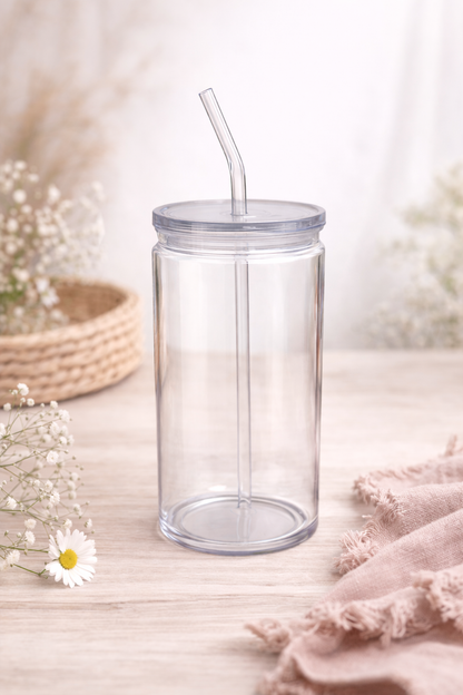 Trinkbecher mit Deckel & Strohhalm – Kunststoff