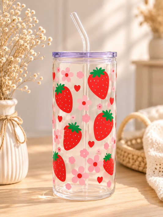 Kunststoffbecher Erdbeerblüte 500 ml | Becher mit Deckel & Strohhalm | Erdbeermotiv | SommerVibes