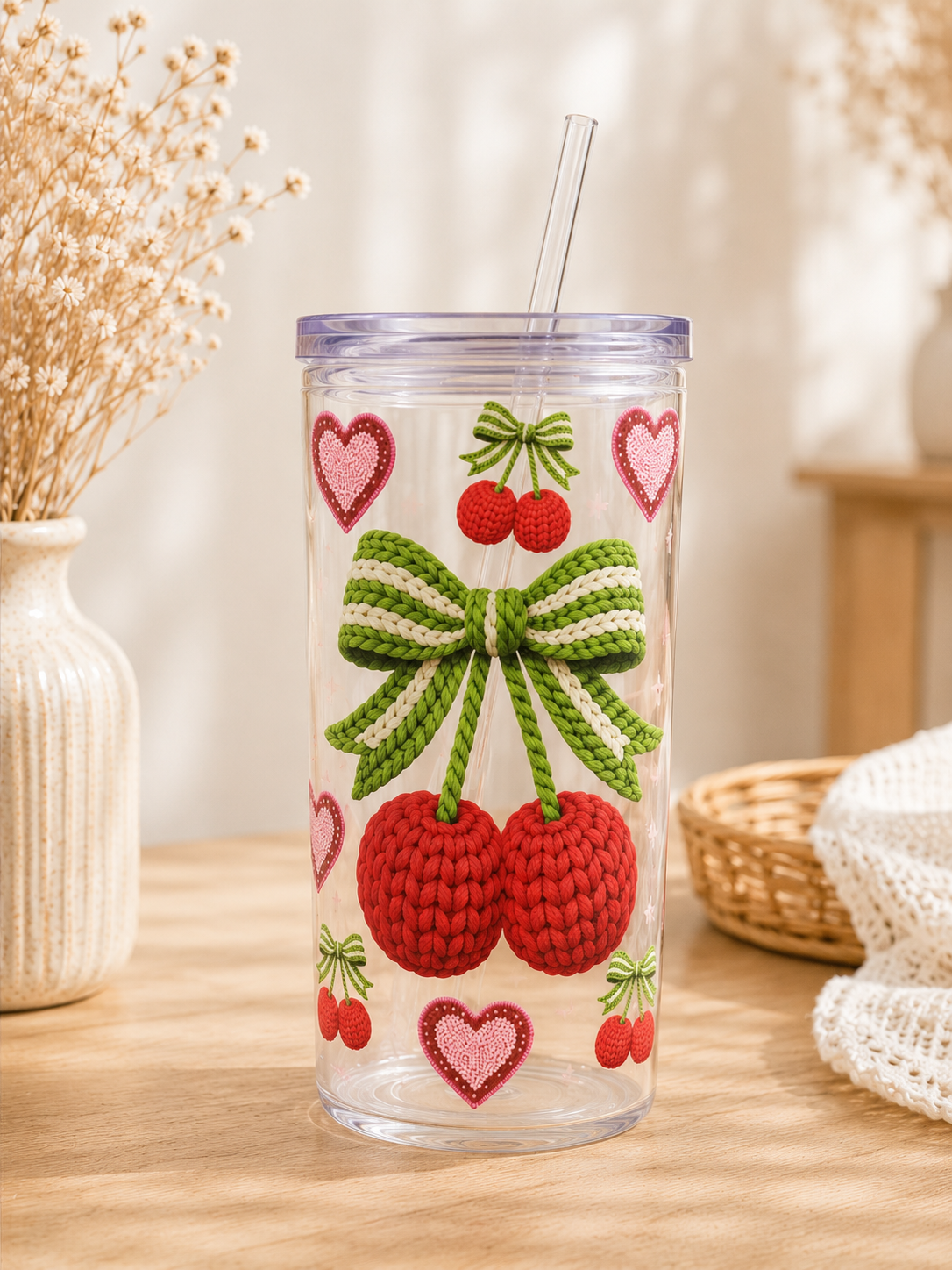Kunststoffbecher Strickkirschen 500 ml | Deckel & Strohhalm | Kirschmotiv | SommerVibes