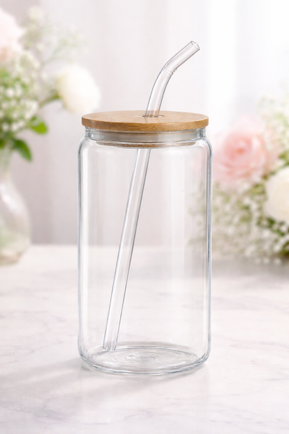 Trinkglas mit Bambusdeckel & Glasstrohhalm – mit wählbarem Motiv