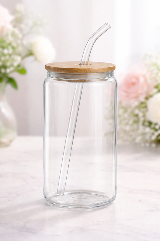 Trinkglas mit Bambusdeckel & Glasstrohhalm – mit wählbarem Motiv