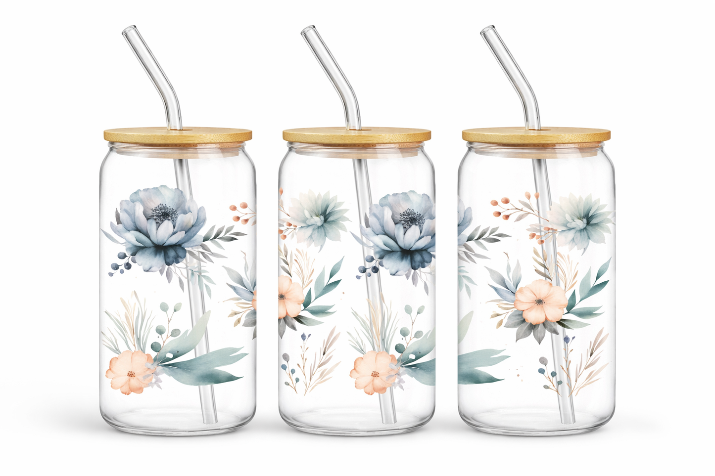 Trinkglas mit Bambusdeckel & Glasstrohhalm – mit wählbarem Motiv