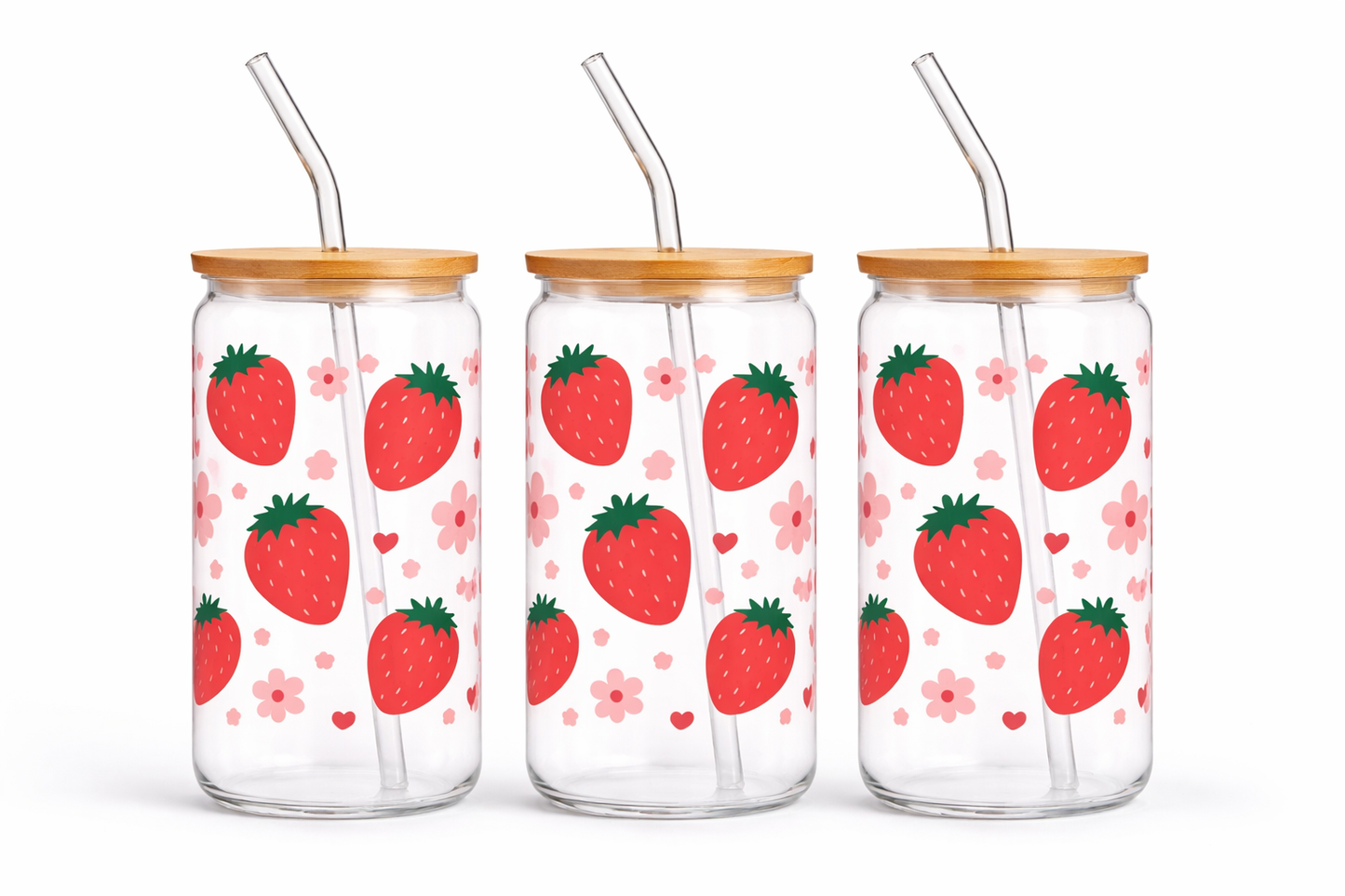 Trinkglas mit Bambusdeckel & Glasstrohhalm – mit wählbarem Motiv
