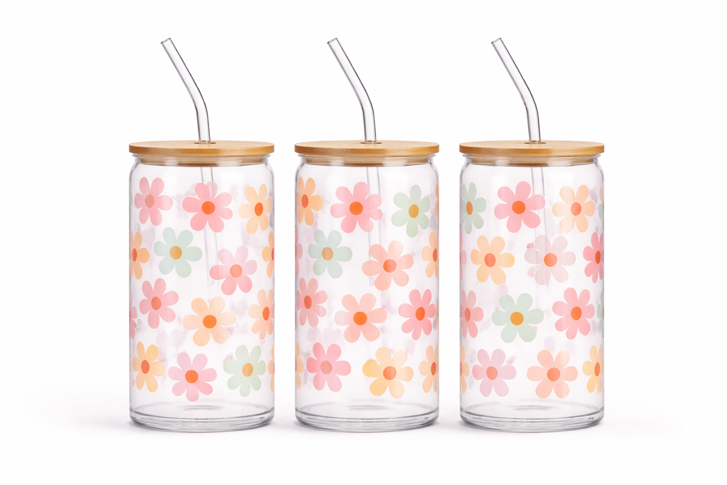 Trinkglas mit Bambusdeckel & Glasstrohhalm – mit wählbarem Motiv