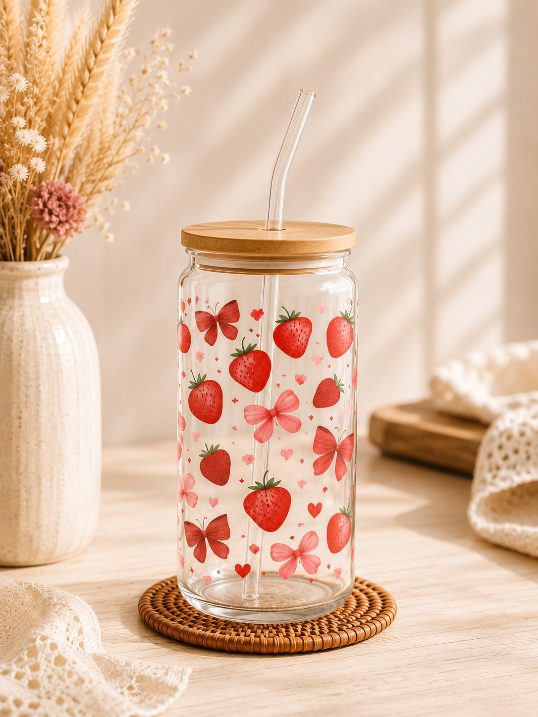 Trinkglas „Erdbeerliebe“ mit Schleifen | SommerVibes