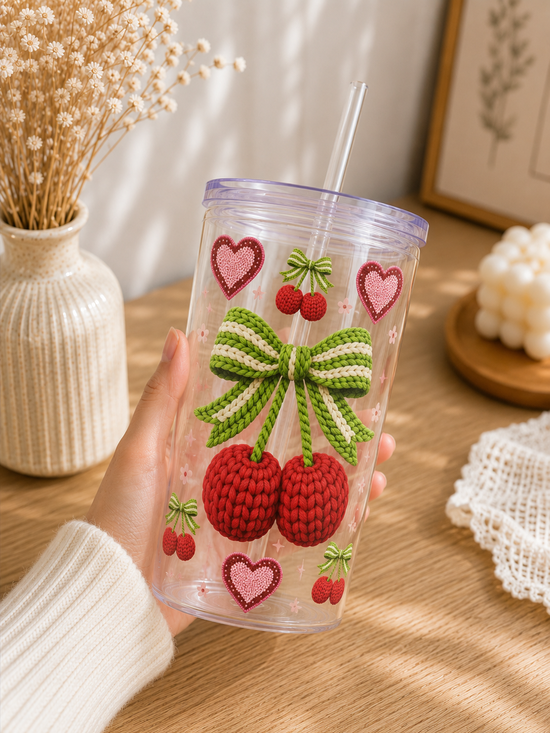 Kunststoffbecher Strickkirschen 500 ml | Deckel & Strohhalm | Kirschmotiv | SommerVibes