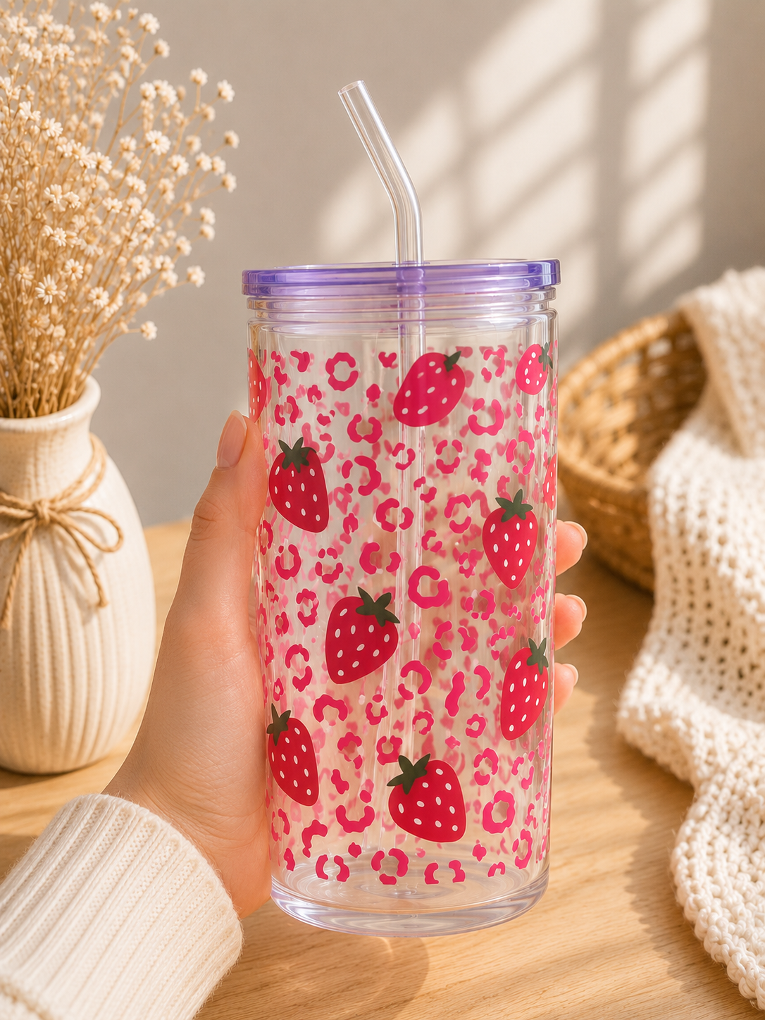 Kunststoffbecher Leo Erdbeere 500 ml | Deckel & Strohhalm | SommerVibes